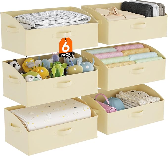Lifewit Storage Baskets for Shelves, 6 Packs Non-woven Fabric Trapezoid Closet Organizer Bins with Handles, Foldable Clothing Containers Box for Clothes, Toy, Towel, Book, DVD, Hats, Large-Beige