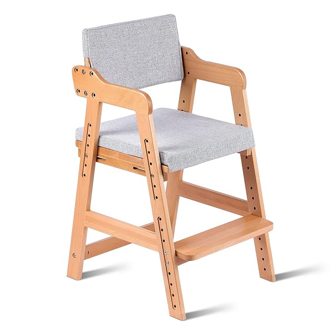 Ezebaby Wooden High Chair, Adjustable Highchair for Toddlers to Teens with Steps, Kids Dining Chair, Study Chair with Removable Cushion (Natural Color)