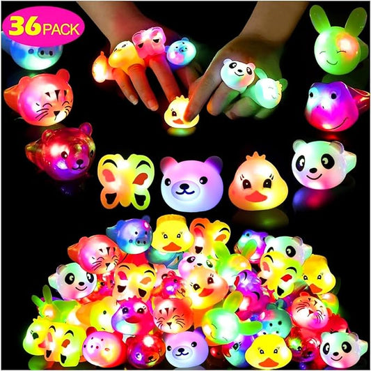 36 Pack Light Up Rings Glow in The Dark Party Supplies, Light up Party Favors, Goodie Bag Stuffers, Birthday Christmas Party Favors Classroom Prizes Cute Animal Treasure Box for Kids