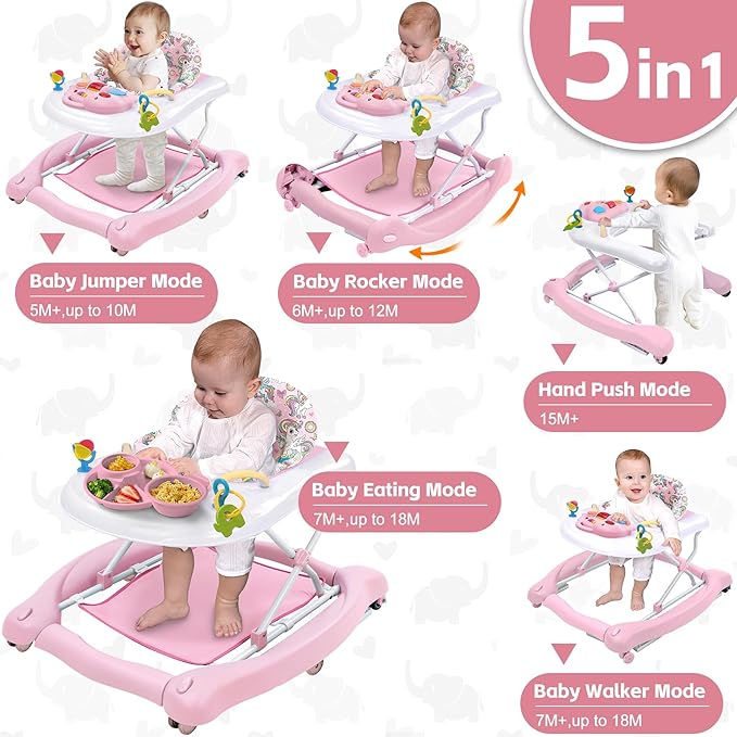 Foldable Baby 5-in-1 Activity Walker - Rocker, Activity Center, Bouncer, Seat Walker, Push Walker - Adjustable Speed Rear Wheels and Height Toys Ages 6-18 Months… (Pink)