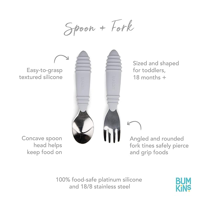 Bumkins Toddler Utensils, Kids Size Fork and Spoon Set, Silicone and Stainless-Steel Training Silverware, Angled Forks / Sporks for Self-Feeding, Children Hold Learning to Eat, 18 Months Up, Gray
