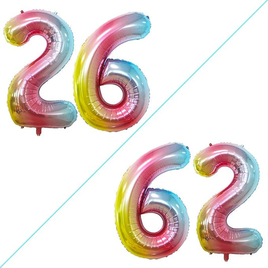 GOER Number 26 Balloons for 26th Birthday Party Decorations,42 Inch Jumbo Foil Helium 62 Balloons for 62nd Birthday Party Decoration (Rainbow)