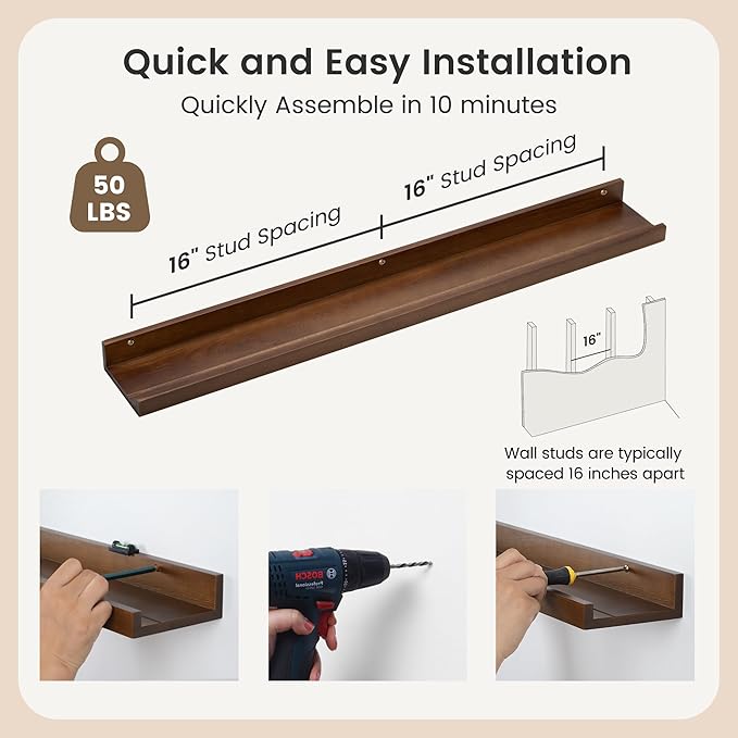 Picture Ledge Wall Shelves 36 inch Width Set of 2, Solid Pine Wood Rustic Floating Ledge Shelves for Wall for Kids' Room Bedroom Kitchen Bathroom Living Room Nursery Display Wall Decor, Walnut