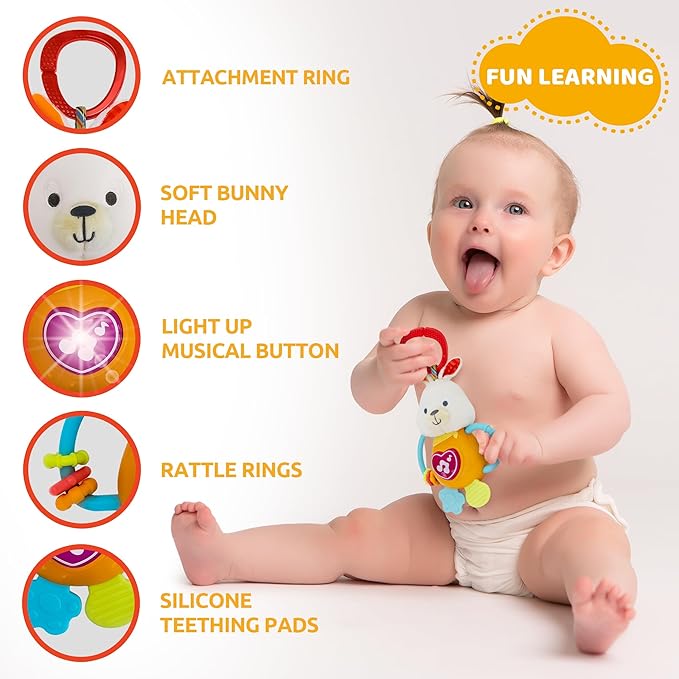 KiddoLab Bunny Teething & Rattle Musical Toy for Infants and Babies - Light-up, Sensory Chew & Interactive Toy for Infants - Baby Basket Stuffer for 3 Months and Up
