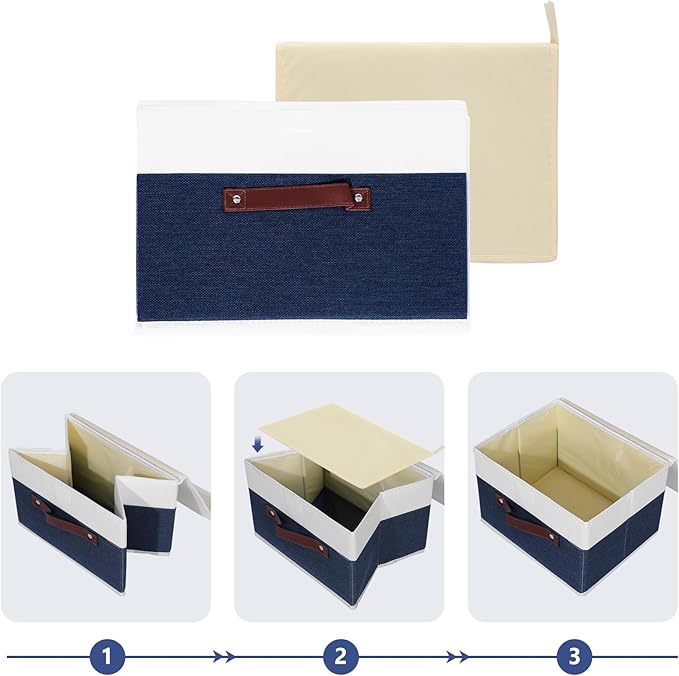 ANMINY Storage Boxes with Lids Washable Decorative Storage Bins Basket with PU Leather Handle Foldable Linen Fabric Storage Cubes Containers for Home Closet Organizer - Deep Blue White, Large Size