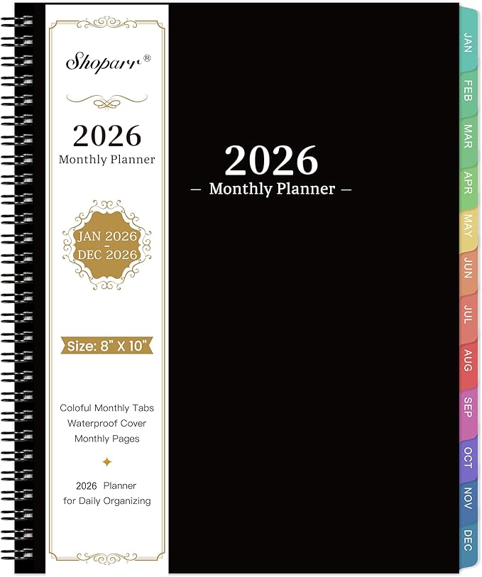 2026 Monthly Planner - 2026 Planner/Calendar, JAN 2026 - DEC 2026, Monthly Planners with Colorful Tabs, Planners for Daily Organizing - Waterproof Cover (8" x10", Notes Pages, Black)