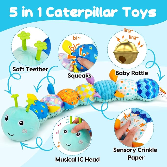 Baby Tummy Time Toys 0-6 Month Musical Stuffed Animal Plush Caterpillar Toy for Infant 6-12 Month Teething Sensory Toy with Crinkle Rattle for Babies 0-3-6 Month Newborn Boy Girl Birthday Gift 1