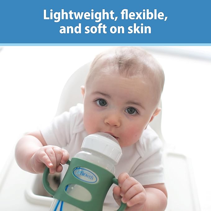 Dr. Brown's Wide-Neck Baby Bottle Handles, 100% Silicone, Easy Grip Removable Handles for Bottle to Sippy Cup Transition, Blue/Gray/Green, 3-Pack, 4m+