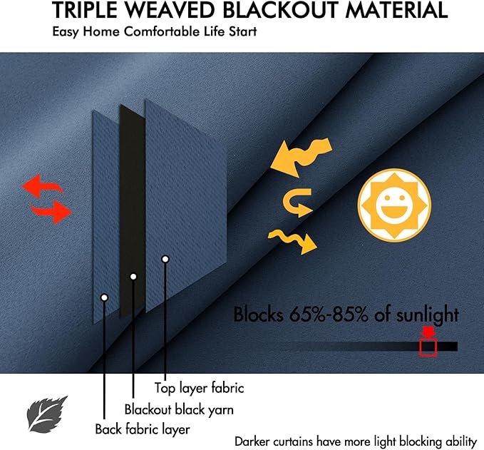 ANRODUO Back Tab Blackout Curtains for Bedroom Living Room, Rod Pocket Pinch Pleated Thermal Insulated Room Darkening Curtains 72 Inches Long 2 Panels, Stone Blue, 42 x 72 Inch