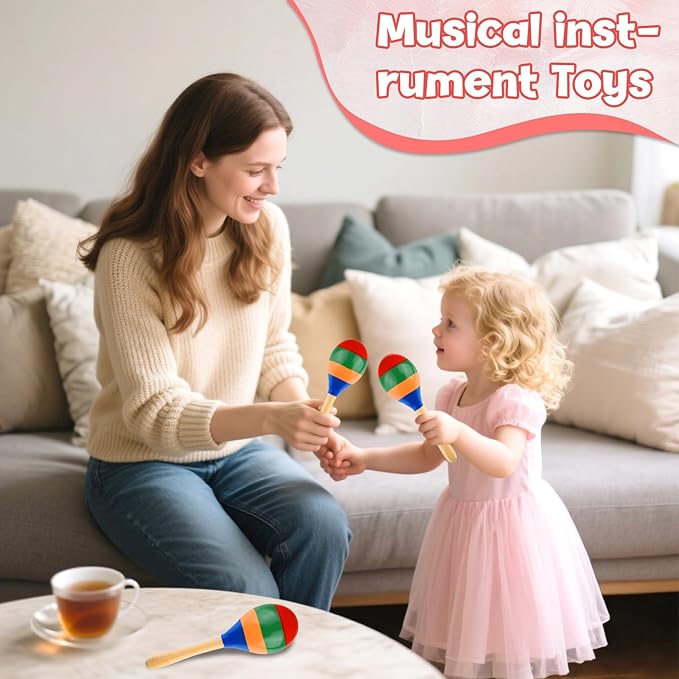 2 Pcs Maracas Hand Percussion Rattles, PLULON Colorful Wooden Maracas Rumba Shakers Rattle Latin Musical Instrument for Kids Adults Game Playing, Mexican Fiesta Cinco De Mayo Party Favors Supplies