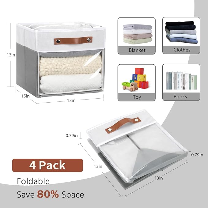 HNZIGE Fabric Cube Storage Bins - 4 Pack 13x15x13 Collapsible Storage Cubes for Organizing Shelves, Closet, Pantry - White, Gray