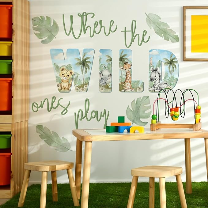 27.95x21.65 Inches Watercolor Wild Jungle Animal Wall Decals - Forest Safari Removable Stickers for Baby's Nursery, Playroom, Bedroom, Classroom - Tiger, Elephant, Giraffe Decor