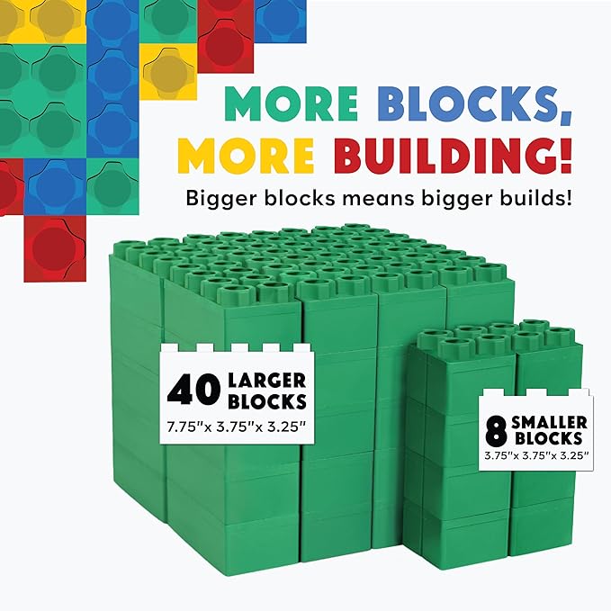 Big Blocks for Kids Ages 4-8 — Indoor & Outdoor Blocks Kids Games — Green Large Building Blocks - 48pc
