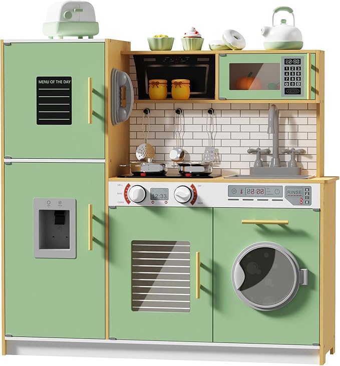 Babytronic Wooden Kitchen Playset for Kids, Interactive Play Kitchen with Lights & Sounds, Children Pretend Toy Kitchen Set with Faucet, Oven, Microwave, Kitchenware for Toddlers Ages 3+ (Green&Wood)
