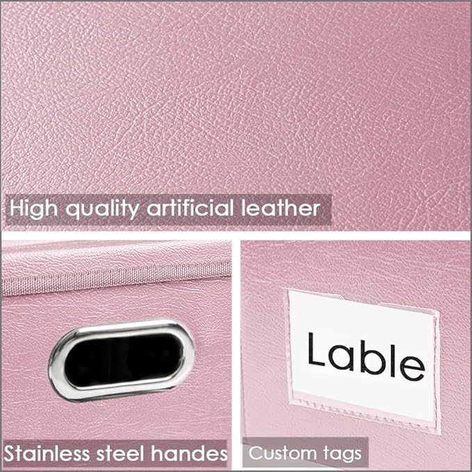 PRANDOM Large Collapsible Storage Box with Lid [1-Pack] Leather Fabric Foldable Storage Bin Organizer Container Basket Cube with Cover for Home Bedroom Closet Office Nursery Pink (17.7x11.8x11.8)