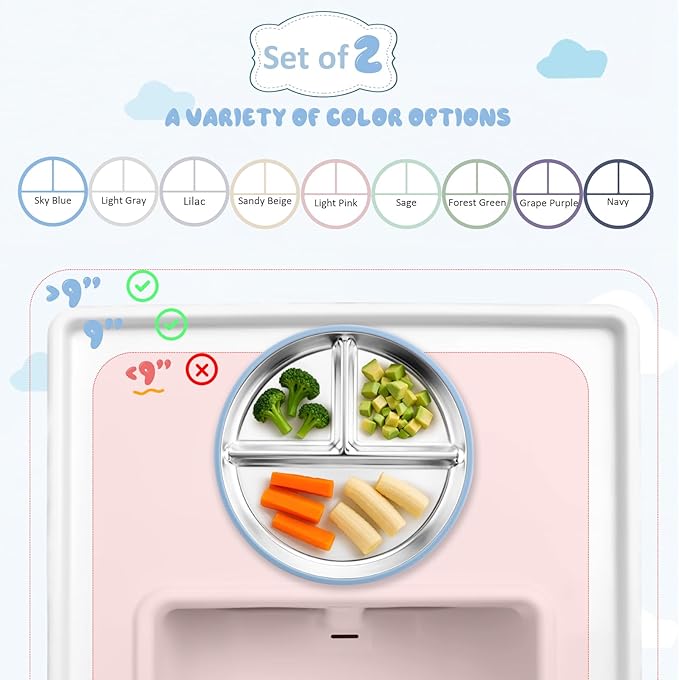 Stainless Steel Toddler Plate with Suction, 9” Divided Plates with Removable Silicone Sleeves for Kids, Non Toxic & BPA Free | Non Slip | Unbreakable Baby Snack Dishes Set of 2, Blue & Gray