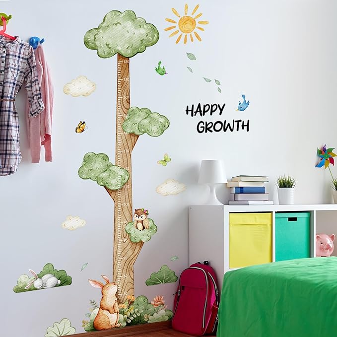 3D Cartoon Height Growth Chart for Kids Wall Stickers Removable DIY Jungle Animals and Plants Height Sticker Peel and Stick Sun White Clouds Wall Art Decor for Nursery Kids Bedroom Living Room
