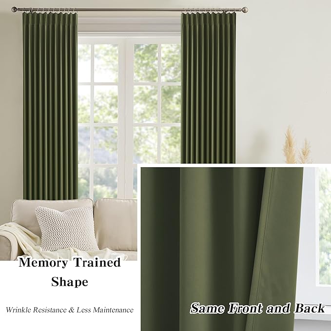 KEQIAOSUOCAI Dark Academia Olive Green Curtains Blackout with Pinch Pleat, 90 Inch Drapes 2 Panels Thermal Insulated Window Treatment Energy Saving Sound Reducing Draperies for Bedroom 40x90