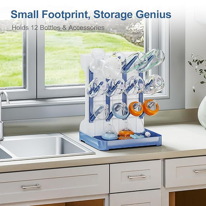 GoMaihe Baby Bottle Drying Rack: Space Saving Vertical Bottle Dryer Holder - Baby Accessories Storage Stand Organize Brushes Pacifiers on Countertop - BPA-Free - Blue