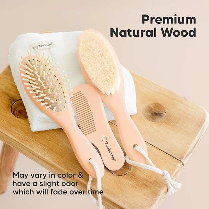Baby Hair Brush and Comb Set for Newborn - Wooden Baby Hair Brush Set with Soft Goat Bristle, Baby Brush Set for Newborns, Baby Brush and Comb Set Girl, Boy, Toddler Cradle Cap Brush (Oval, Peach)