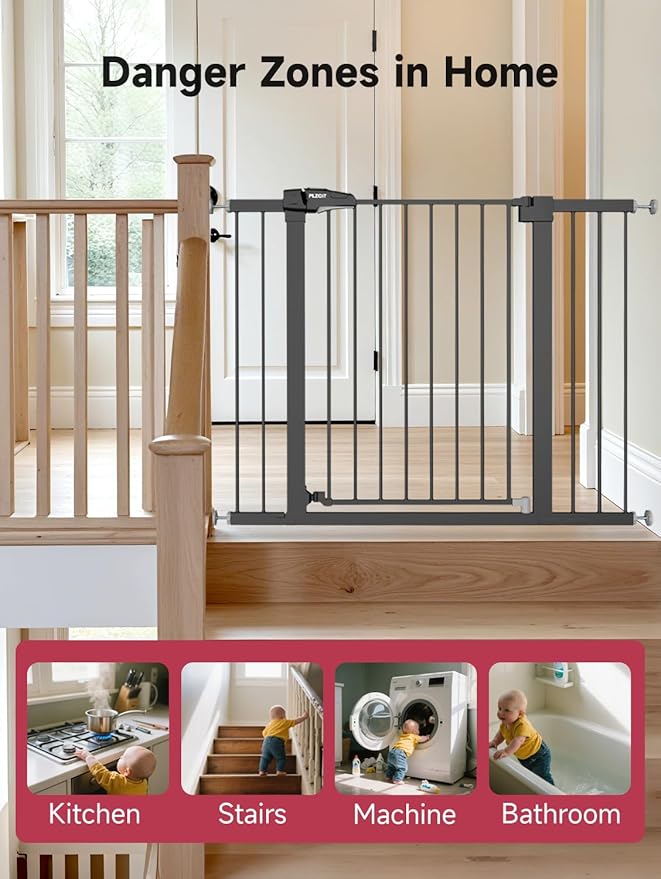 36.2" Extra Tall Baby Gate for Stairs, 29.5-46" Wide Dog Gate for Doorways, Walk Thru Auto Close Metal Child Gate for The House, Stairs and Doorways, Pet Gate Pressure Mounted Dog Gate Indoor (Black)