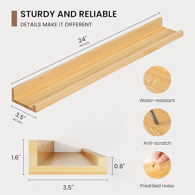 Picture Ledge Shelf, Solid Pine Wood Floating Shelves Set of 2, 24 Inches Nursery Book Shelves for Toys Storage, Kids Bookshelf Wall Mounted for Living Room Bedroom Decor Books Photo Frames, Natural