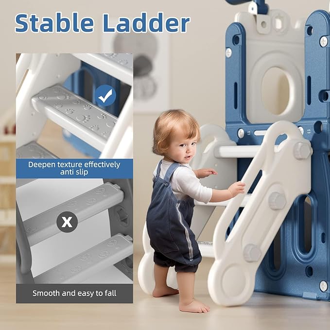 8 in 1 Toddler Slide and Climber Playset Indoor Outdoor Kids Slide with Basketball Hoop,Telescope, Storage Space, Freestanding Backyard Playground for Toddler Age 1-3, Blue
