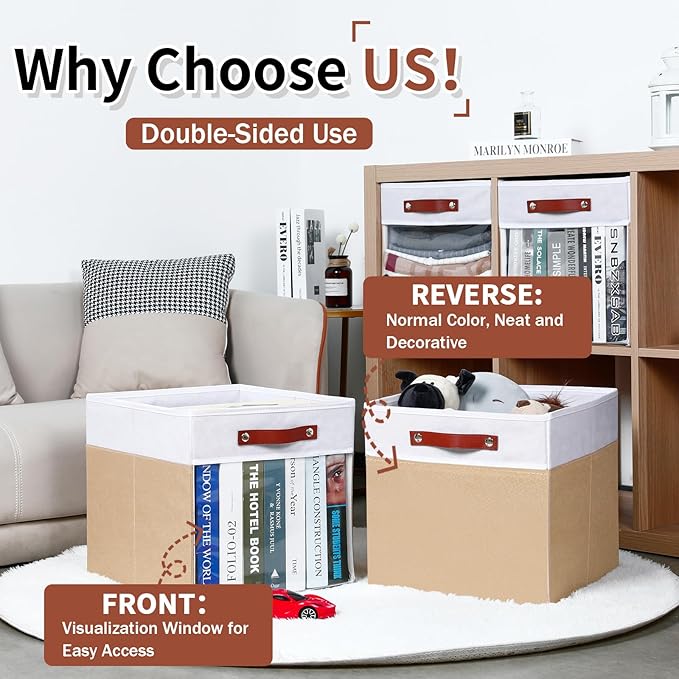 HNZIGE Fabirc Storage Cube Bins 13x13x15 Storage Cube Bins, 4 Pack Foldable Decorative Clear Cube Storage Bins for Cube Organizer Canvas Cubby Storage Organizer Bins for Shelves Pantry- White Beige