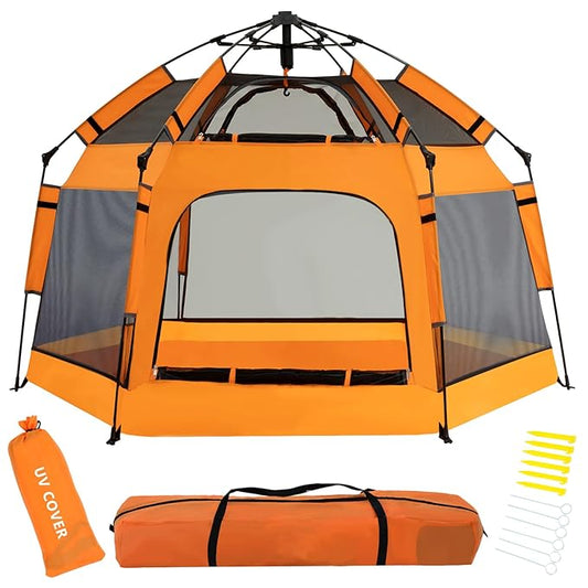 Baby Pop Up Playpen with Canopy, Pop Up Baby Pop Up Tent with Safety Lock, Portable Toddler Play Yard with Travel Bag, 6 Ground Stakes, 6 Sand Stakes