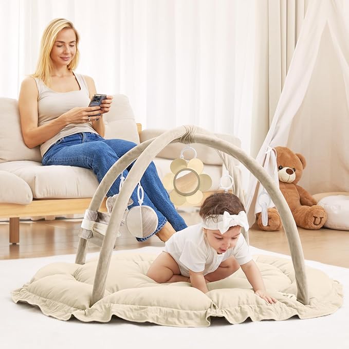 ANGELBLISS 5 in 1 Baby Play Gym Mat, Reversible Tummy Time Mat with 5 Sensory Toys for Stage-Based Developmental, Thick & Large Baby Activity Center from Newborn to Toddler (Khaki)