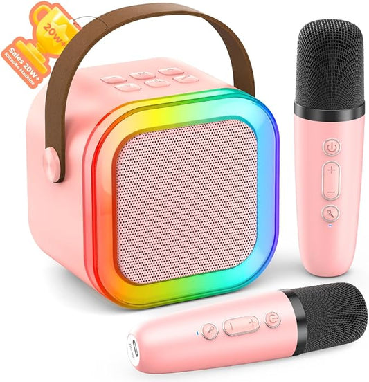 Karaoke Machine for Kids Adults, Portable Bluetooth Mini Karaoke Microphone Singing Speaker with 2 Mic and Light,Toys for All Smartphones,Birthday, Family,Home Party (Pink)