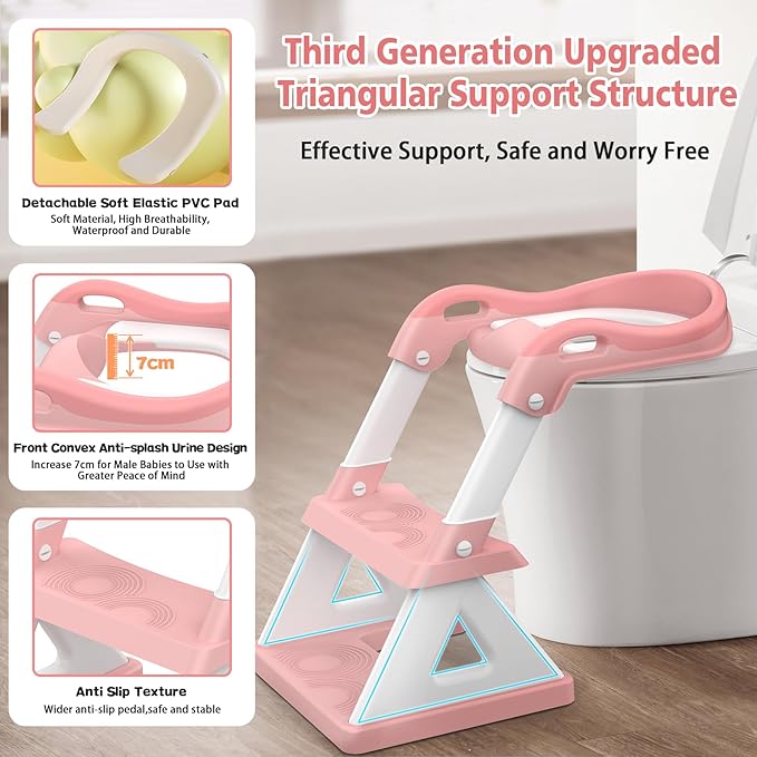2 in 1 Potty Training Toilet Seat & Toddler Step Stool, Bottom Triangle Stability Toddler Toilet Seat, Adjustable Step & Seat Height Potty Seats for Toddlers Boys Girls (Pink)