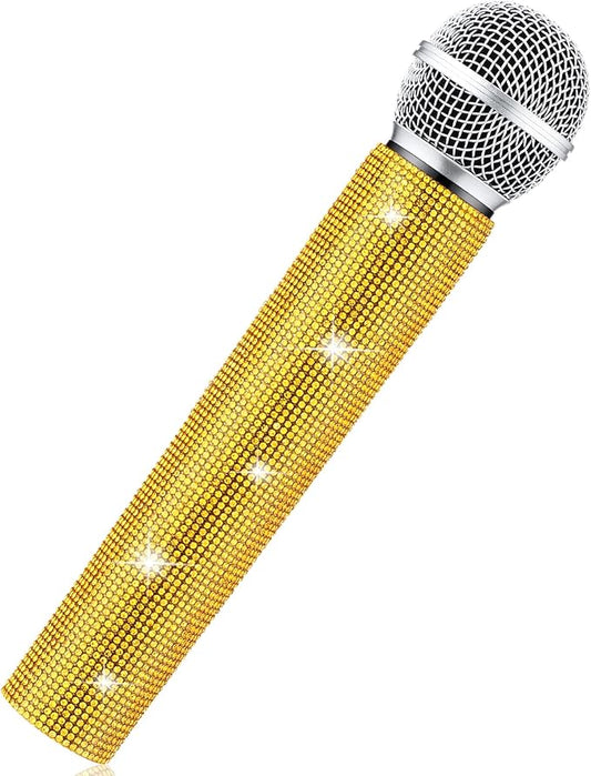 Sanwuta Fake Microphone Prop Sparkly Bling Rhinestones Plastic Play Microphone Pretend Glitter Bedazzled Mic for Cosplay Party Costume(Gold)