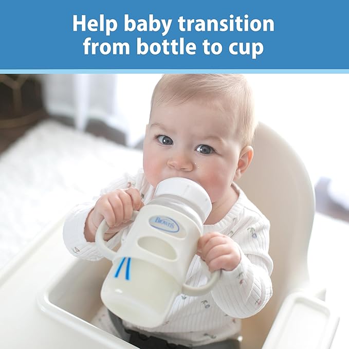 Dr. Brown's Wide-Neck Baby Bottle Handles, 100% Silicone, Easy Grip Removable Handles for Bottle to Sippy Cup Transition, Blue/Gray/Green, 3-Pack, 4m+