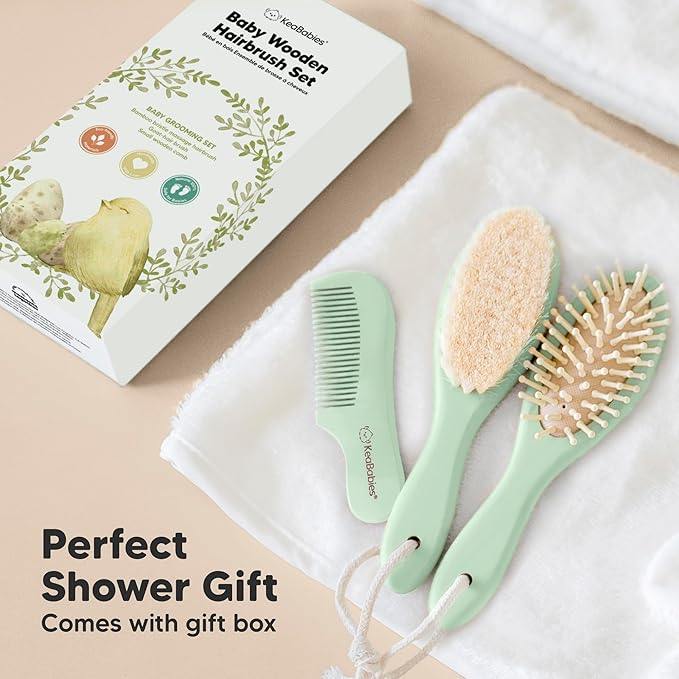 Baby Hair Brush and Comb Set for Newborn - Wooden Baby Hair Brush Set with Soft Goat Bristle, Baby Brush Set for Newborns, Baby Brush and Comb Set Girl, Boy, Toddler Cradle Cap Brush (Oval, Sage)