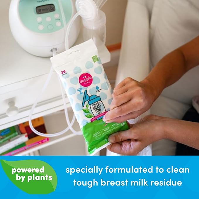 Dapple Breast Pump Wipes, Powered by Plants, Hypoallergenic, Removes Milk Residue, Fragrance Free, Convenient Wipes Pouch, 25 Count (2 Pack)