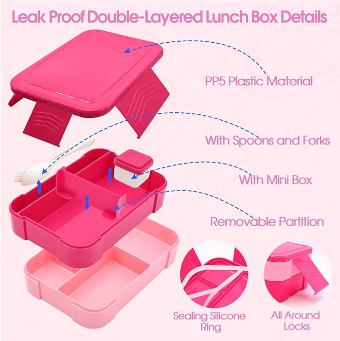 Pink Lunch Box for Girls with 10oz Thermo, with 6 Compartment Bento Box, Nylon Insulated Lunch Bag Adjustable Strap for Girl Kids Teens School Travel Picnic