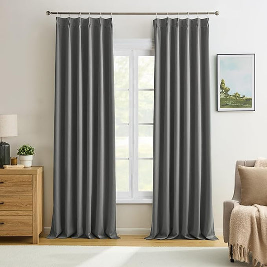 KEQIAOSUOCAI Grey Pinch Pleat Curtains & Drapes 102 Inches Long 2 Panels Set, Privacy Darkening Sound Dampening Window Treatment for Bedroom Vertical Draft Blackout Blinds for Living Room 40 by 102