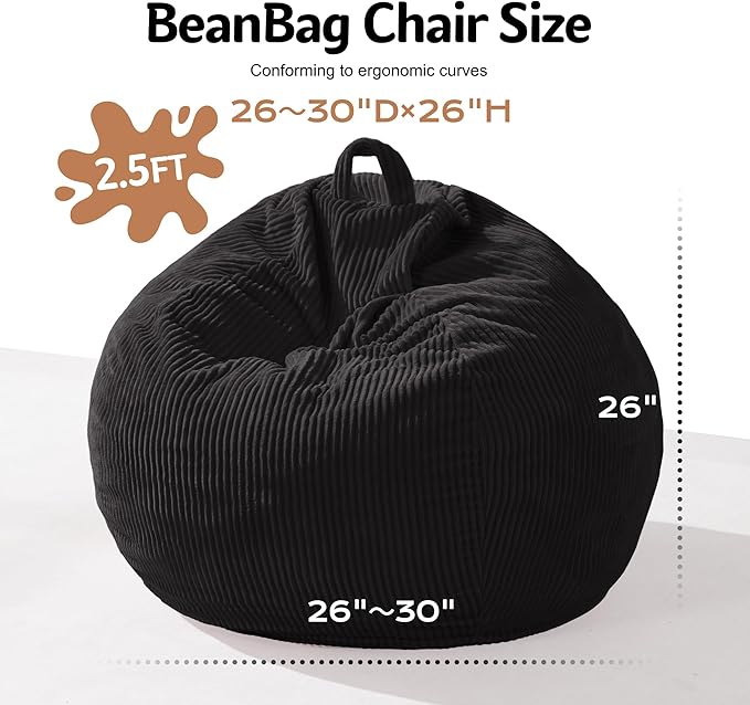 Homguava 2FT Bean Bag Chair,Teardrop Bean Bags Small Beanbag Chair with Memory Foam Filled and Ultra Soft Corduroy Cover for Living Room, Bedroom (Small,Black)