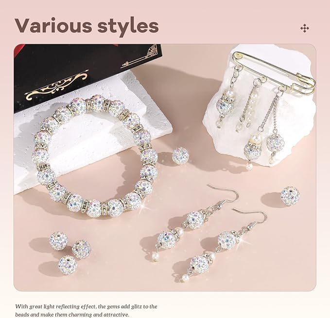 105pcs 10mm Rhinestone Beads for Jewelry Making, Crystal AB Shiny Round Disco Ball Beads Bulk, Sparkle Crystal Clay Christmas for Bracelet Baseball Necklace Earring Crafting and DIY