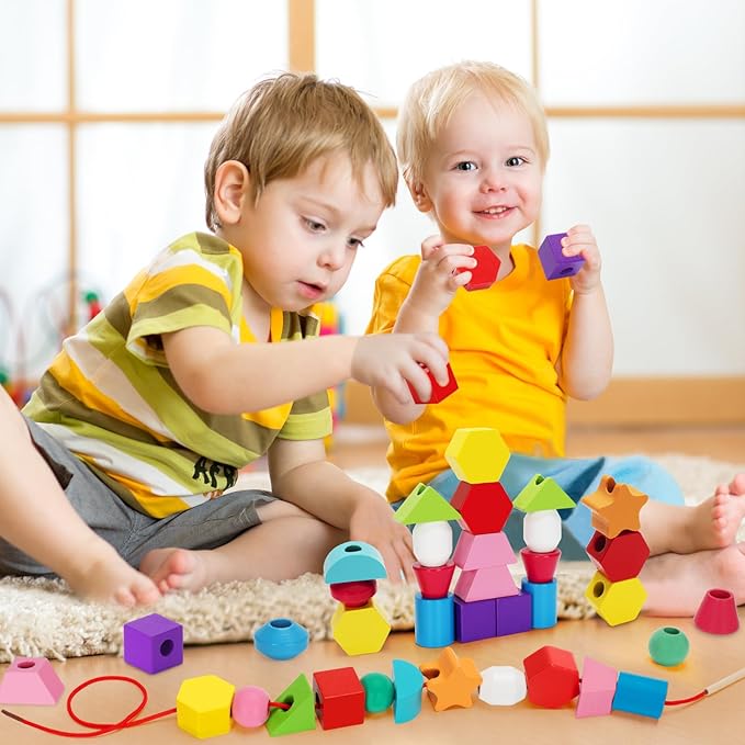 Montessori Wooden Lacing Beads Toys for 2 3 4 Year Old Toddler Kids, Sequencing & Stacking Block Toy with Storage Box, STEM Preschool Learning Toys, Christmas Birthday Gifts for Boys Girls