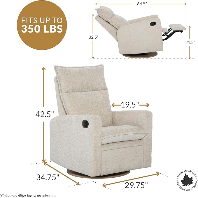Arya Modern Nursery Glider Recliner Chair – Cozy Nursing Chair with 360° Swivel for New Parents, Gentle Motion, Compact Design, High Back & Low Armrests, Canadian Made (Heather Pearl/Arlo Fabric)