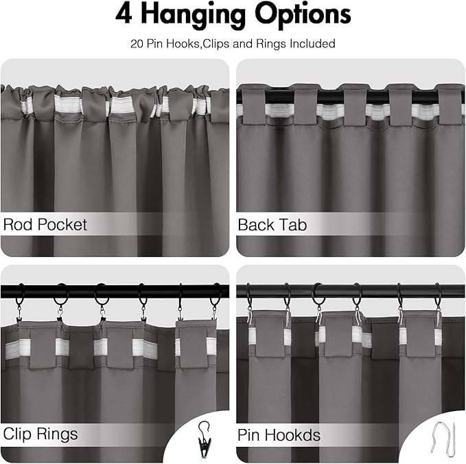 ANRODUO Back Tab Blackout Curtains for Bedroom Living Room, Rod Pocket Pinch Pleated Thermal Insulated Room Darkening Curtains 120 Inches Long 2 Panels, Grey, 52 x 120 Inch
