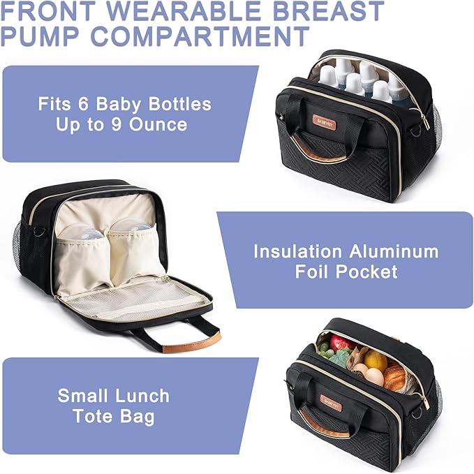 Breastmilk Cooler Bag with Ice Pack Fits 6 Baby Bottles Up to 9 Ounce, Compatible with Wearable Breast Pumps & Accessories-Black