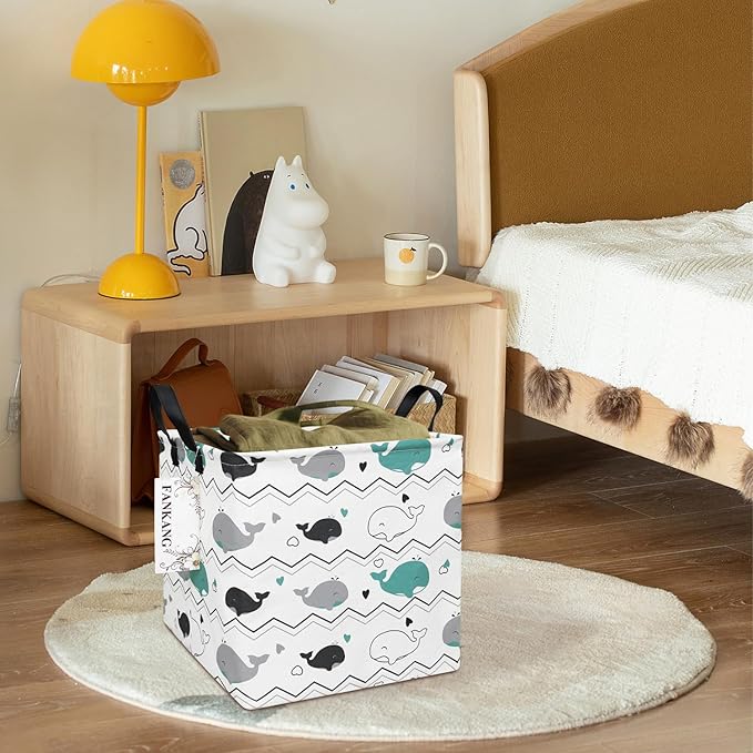 FANKANG Square Nursery Hamper Storage Bins Canvas Laundry Basket Foldable with Waterproof PE Coating Storage Baskets Gift Baskets for Children, Office, Bedroom, Clothes（Square-whales ）