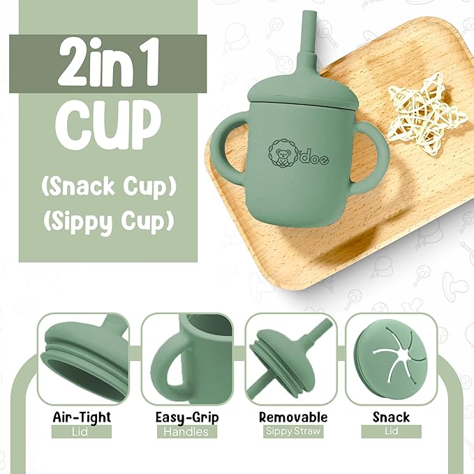 O'doe 17-Piece BPA-Free Silicone Baby Feeding Set | Thick & Soft Suction Plates, Baby Bowls, Wooden Fork & Spoon, and More | Make Mealtime Fun and Easy for Your Little One (Green, V2)