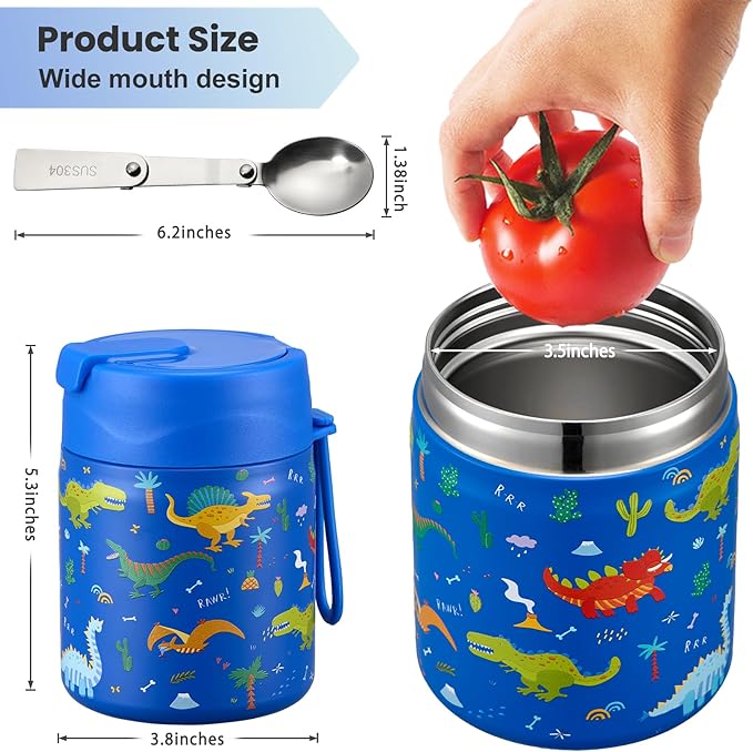 17oz Soup Thermo for Hot Food Kids,Insulated Food Jar with Spoon,Thermo Hot Food Lunch Container,Wide Mouth Leakproof Stainless Steel Lunch Box for School-Dinosaur