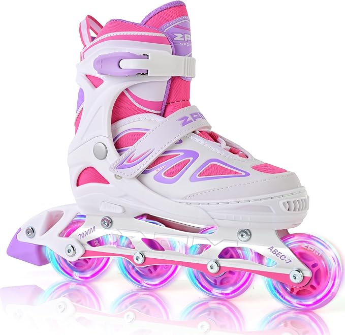 2PM SPORTS Vinal Girls Adjustable Flashing Inline Skates, All Wheels Light Up, Fun Illuminating Skates for Kids Men Adult Women and Boys