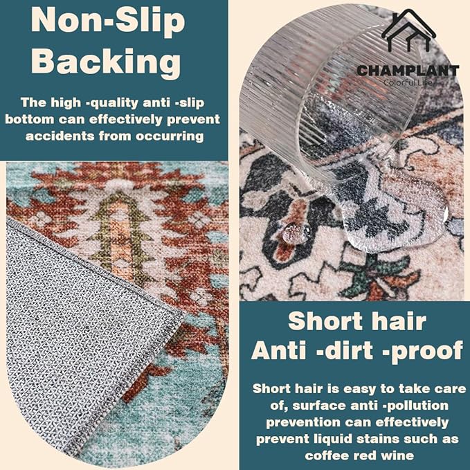 Area Rug 9'x12' Washable Vintage Traditional Mat Distressed Indoor Foldable Thin Retro Accent Floral Print Non Slip Carpet for Living Room Dining Room Office Large Rugs