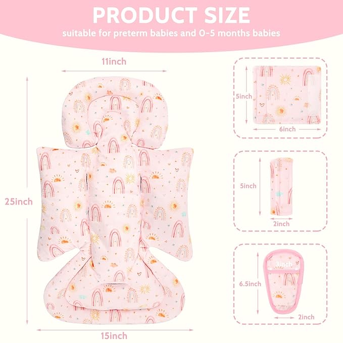 Infant Car Seat Insert and Strap Covers, Very Soft Car Seat Head Support Baby Girl Boy, Reversible Newborn Carseat Insert Cushion Fits for Stroller, Baby Swing, Bouncer (Pink Rainbow)